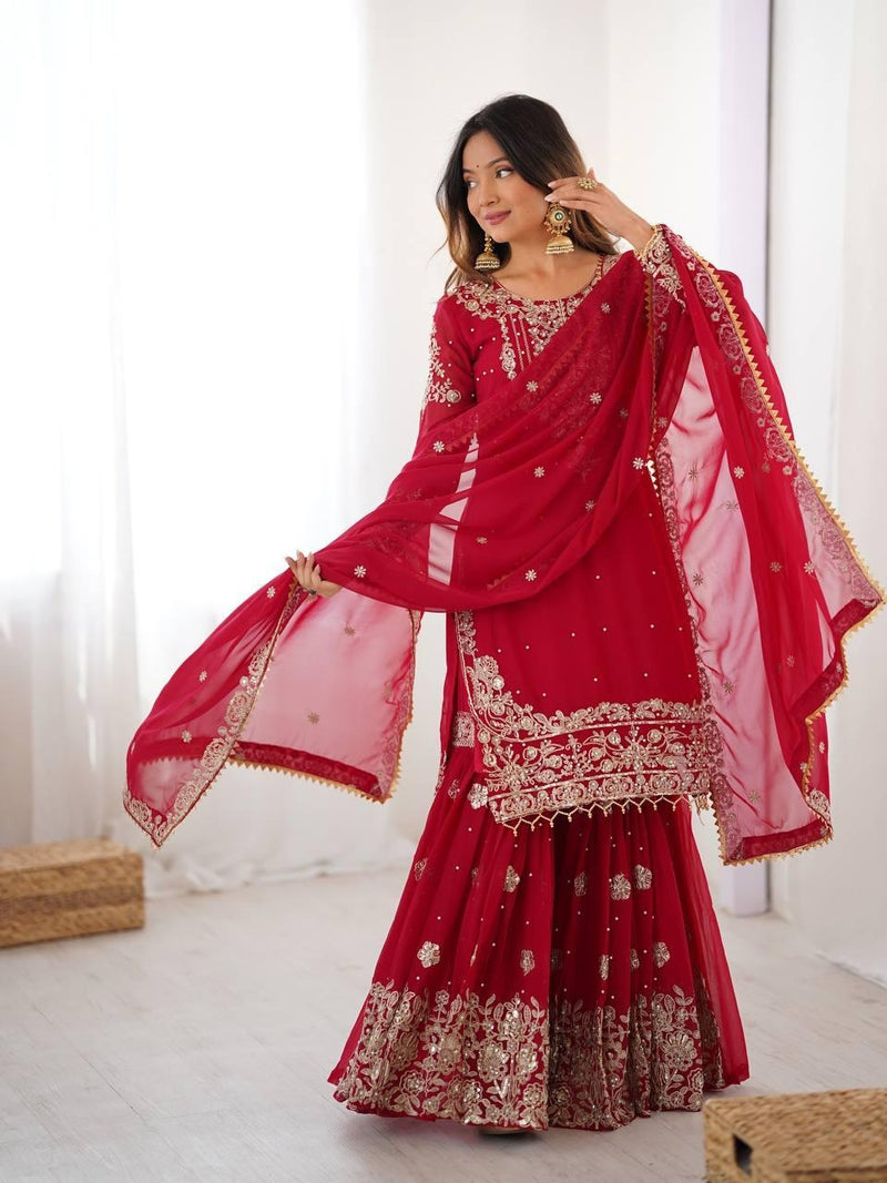 Georgette Red Sharara Suit with Zari Jhalak Work