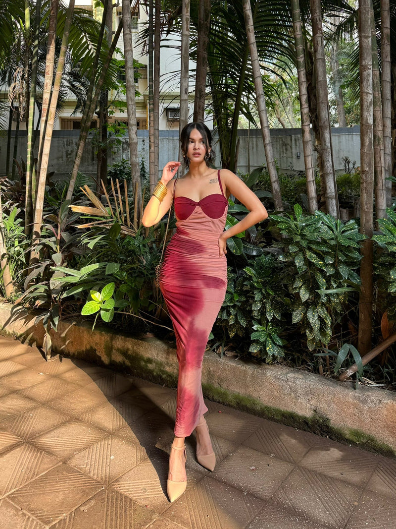 Coral Lycra Ruched Fusion Dress