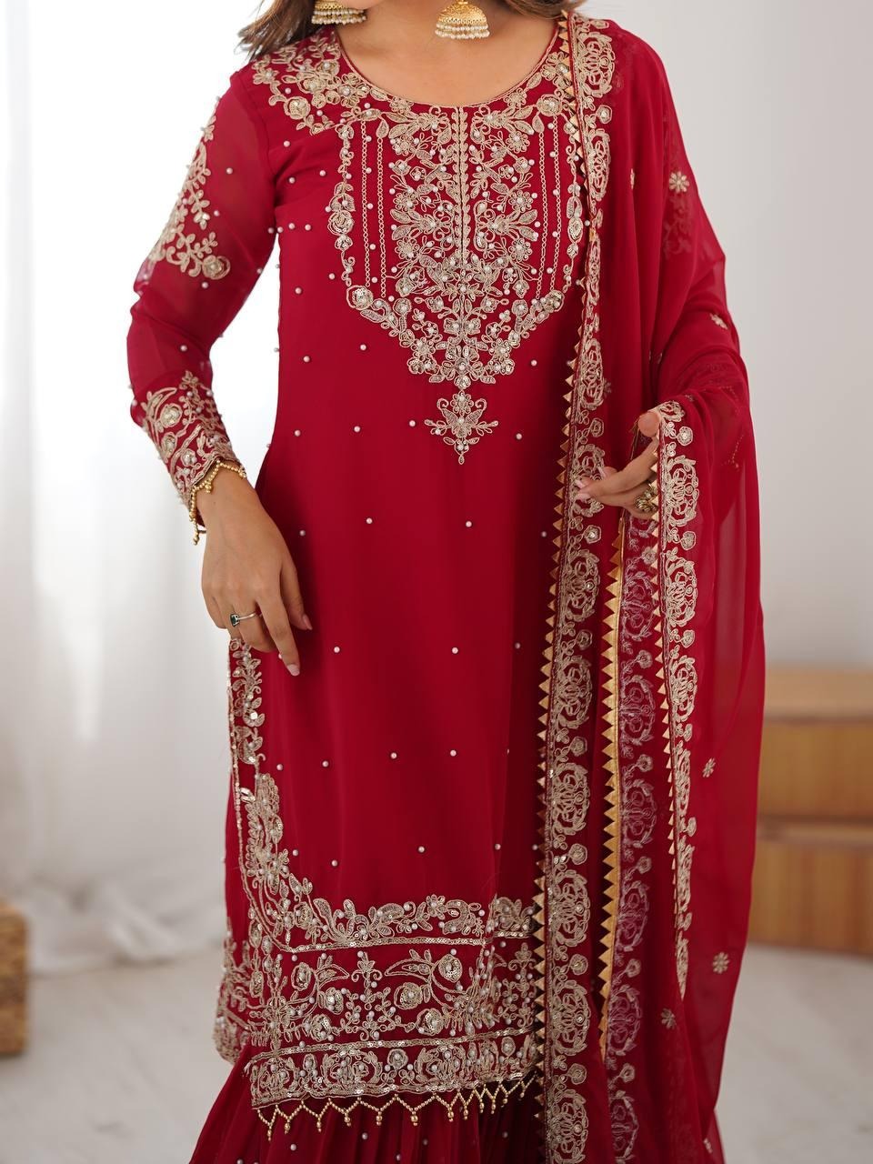 Georgette Red Sharara Suit with Zari Jhalak Work