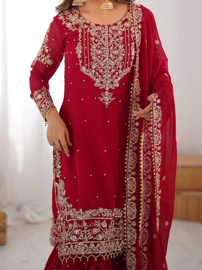 Georgette Red Sharara Suit with Zari Jhalak Work