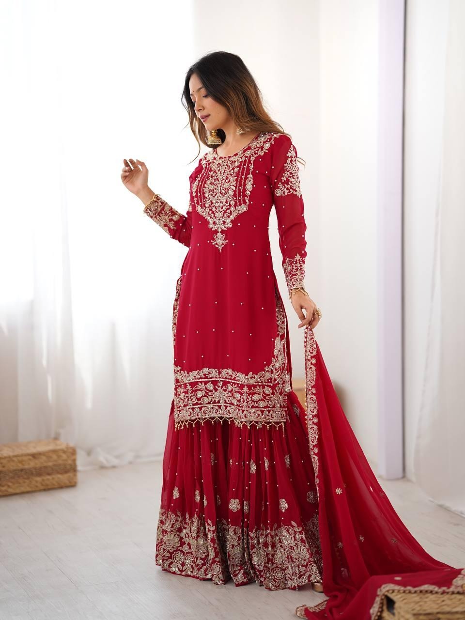 Georgette Red Sharara Suit with Zari Jhalak Work