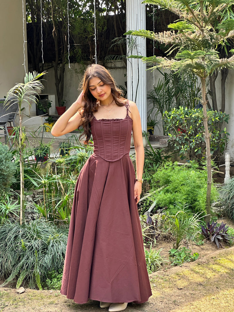 Brown Stretch Cotton Corset Dress Set