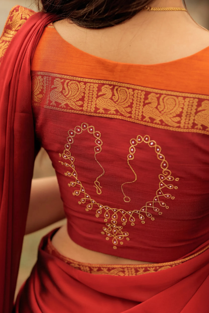 Padmaja Cotton Half Saree in Orange & Red - Skirt and Blouse stitched
