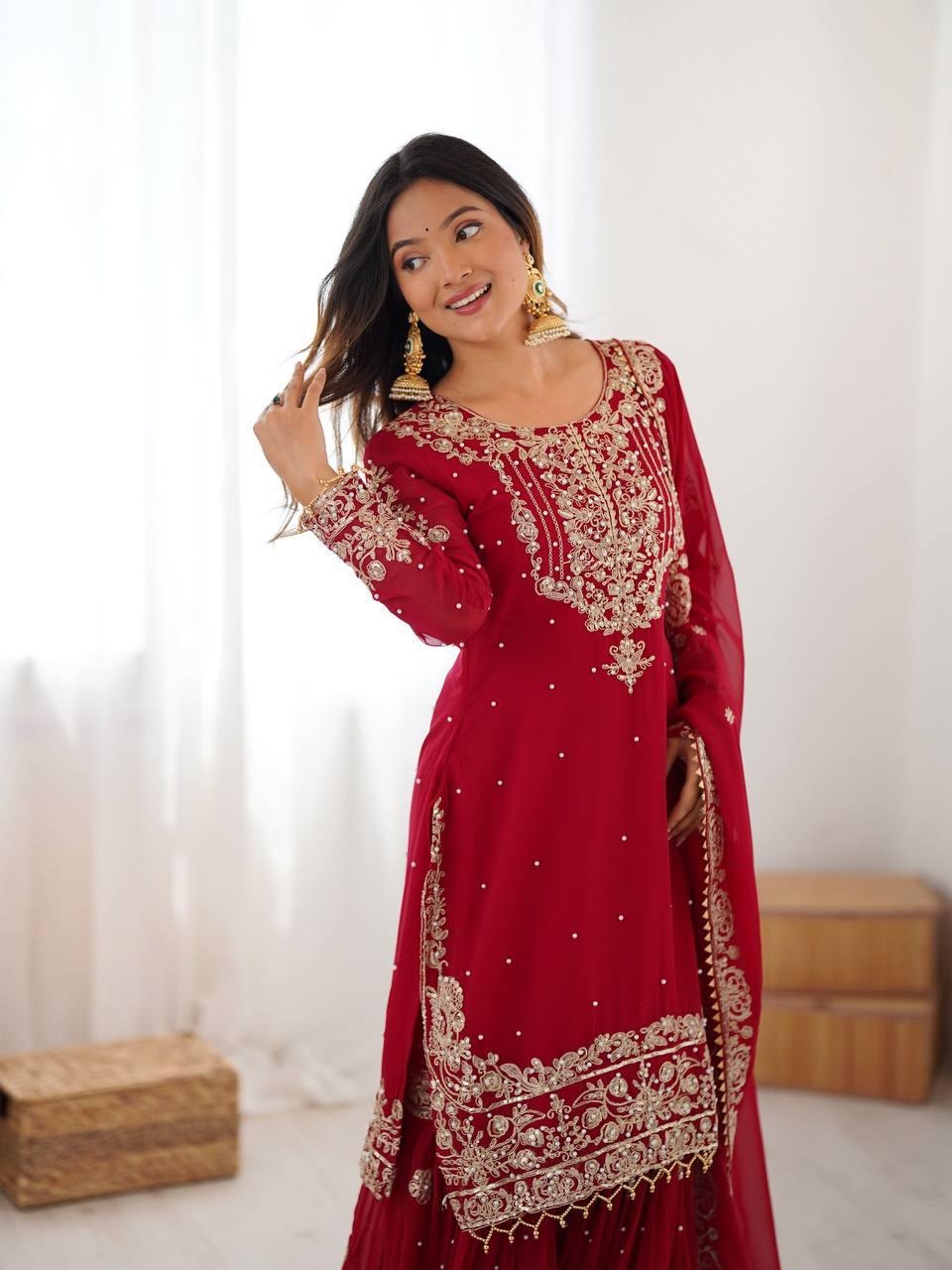 Georgette Red Sharara Suit with Zari Jhalak Work
