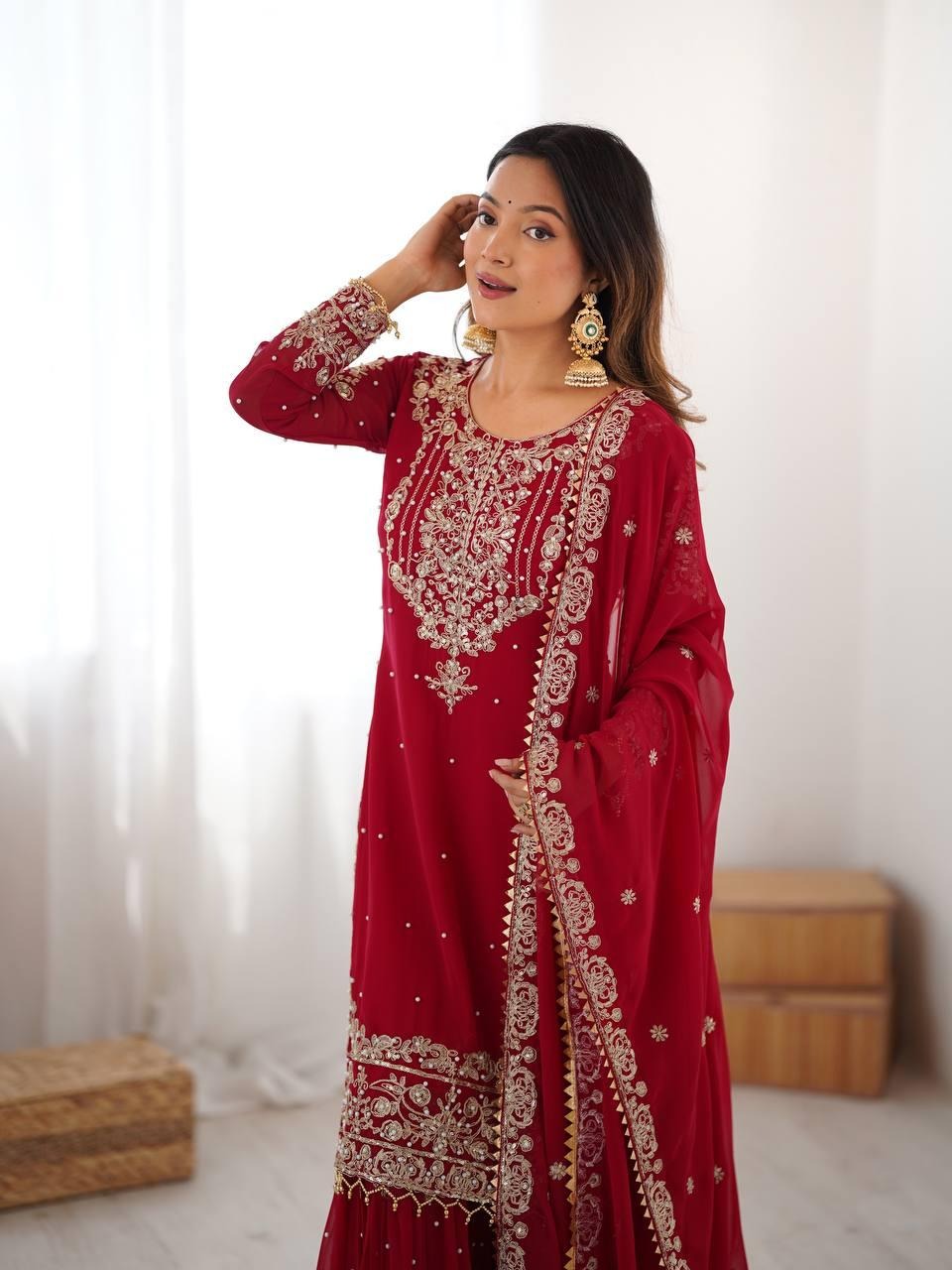 Georgette Red Sharara Suit with Zari Jhalak Work