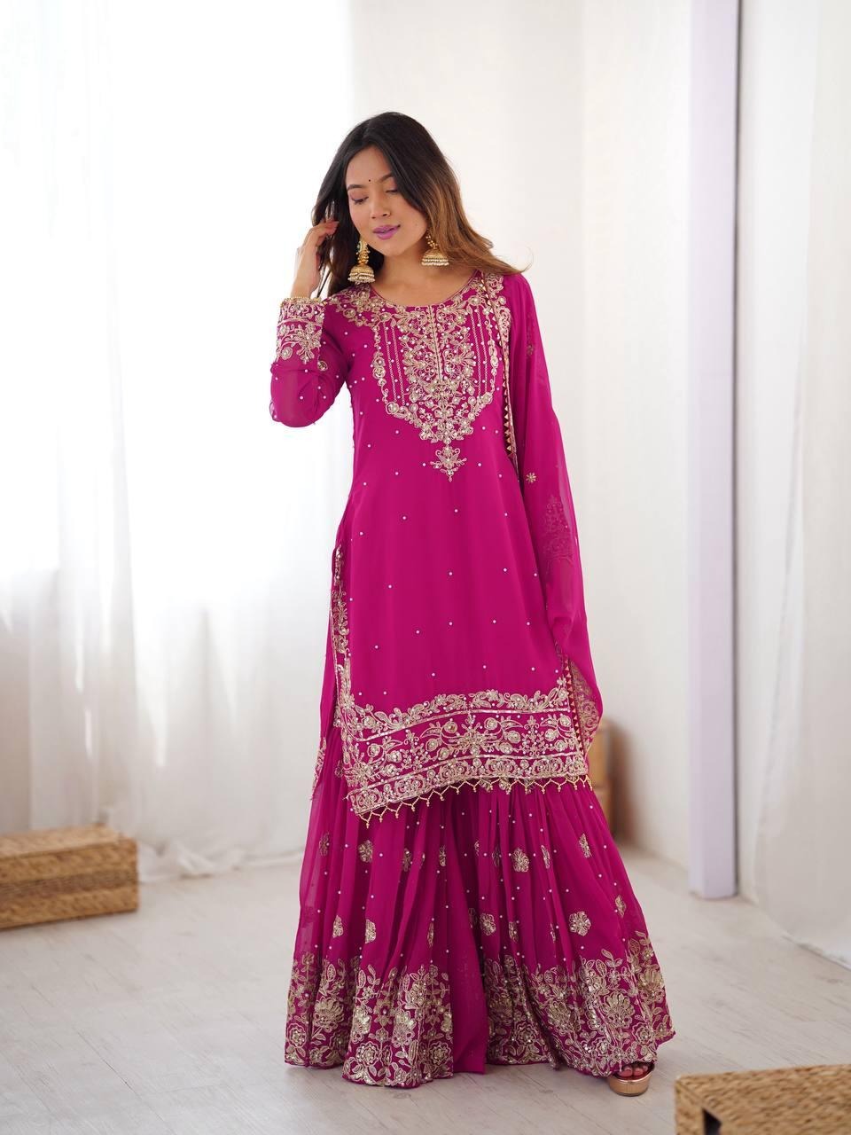 Georgette Red Sharara Suit with Zari Jhalak Work