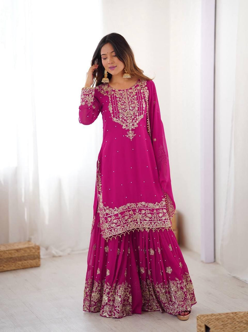 Georgette Red Sharara Suit with Zari Jhalak Work