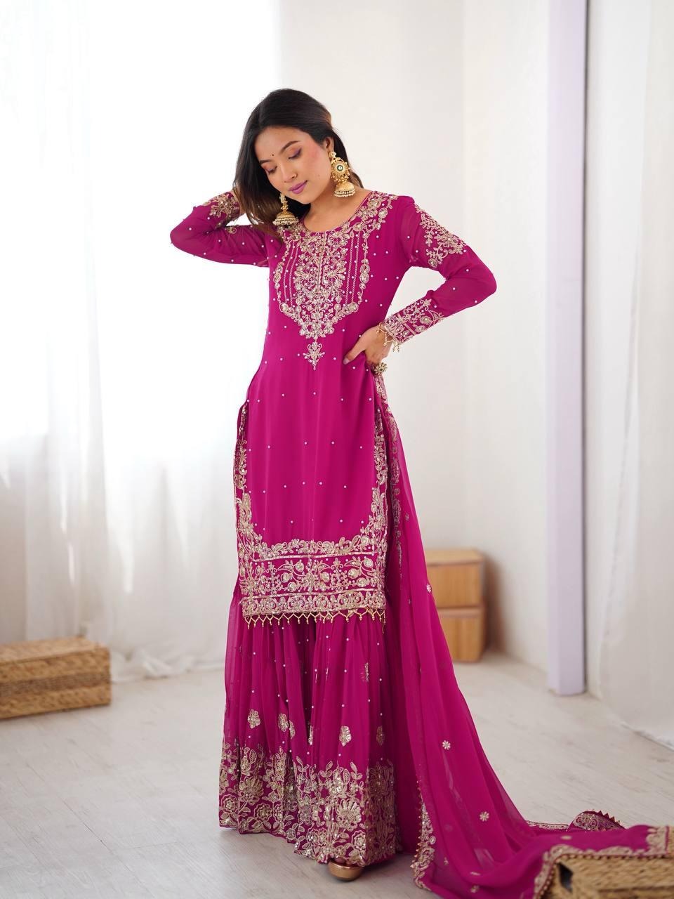 Georgette Red Sharara Suit with Zari Jhalak Work