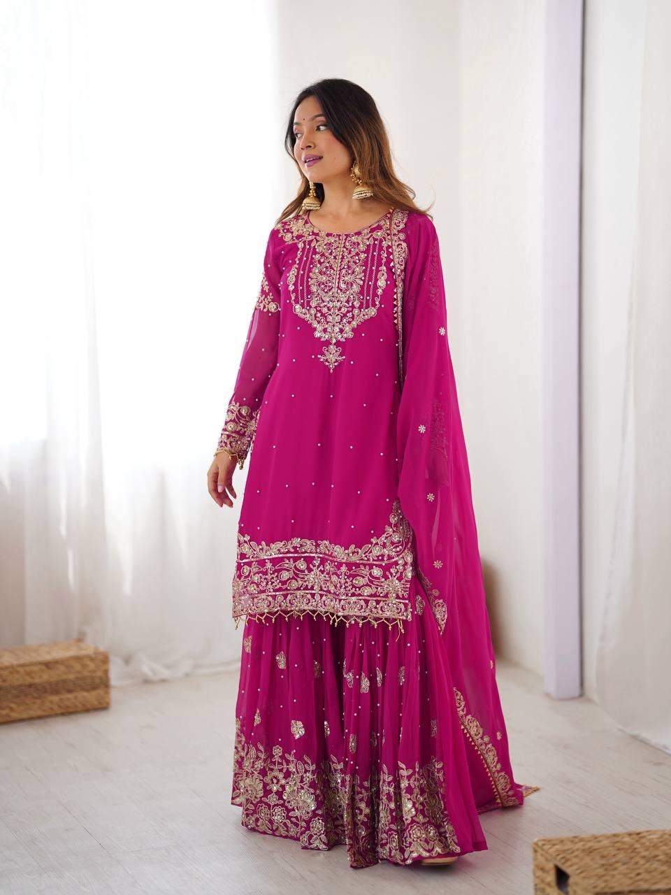 Georgette Red Sharara Suit with Zari Jhalak Work