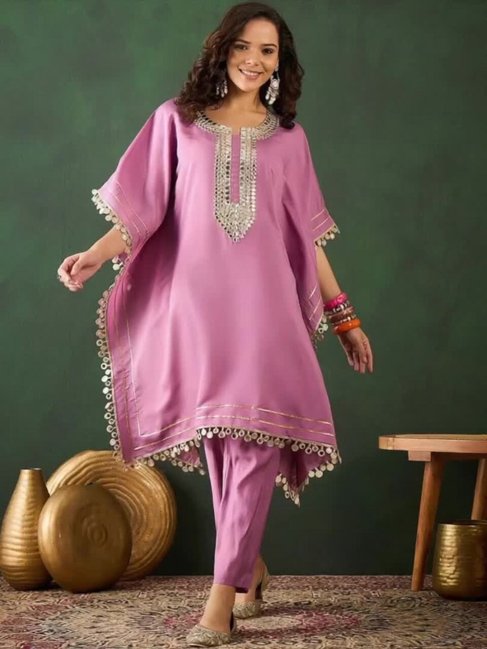 Silk Blend Purple Mirror Work Kaftan
