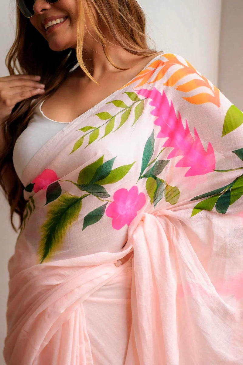 Pink Mulmul Cotton Hand-Painted Saree