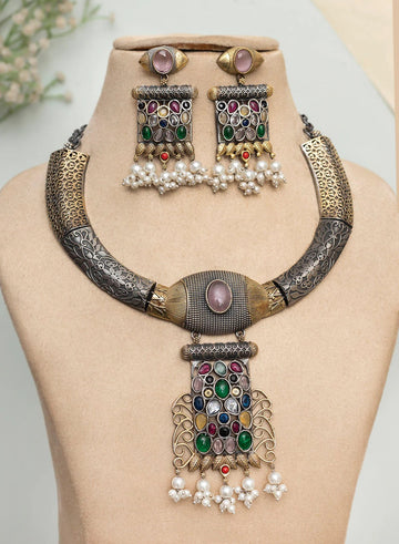 Dual Tone Oxidised Brass Bead Hasli Set