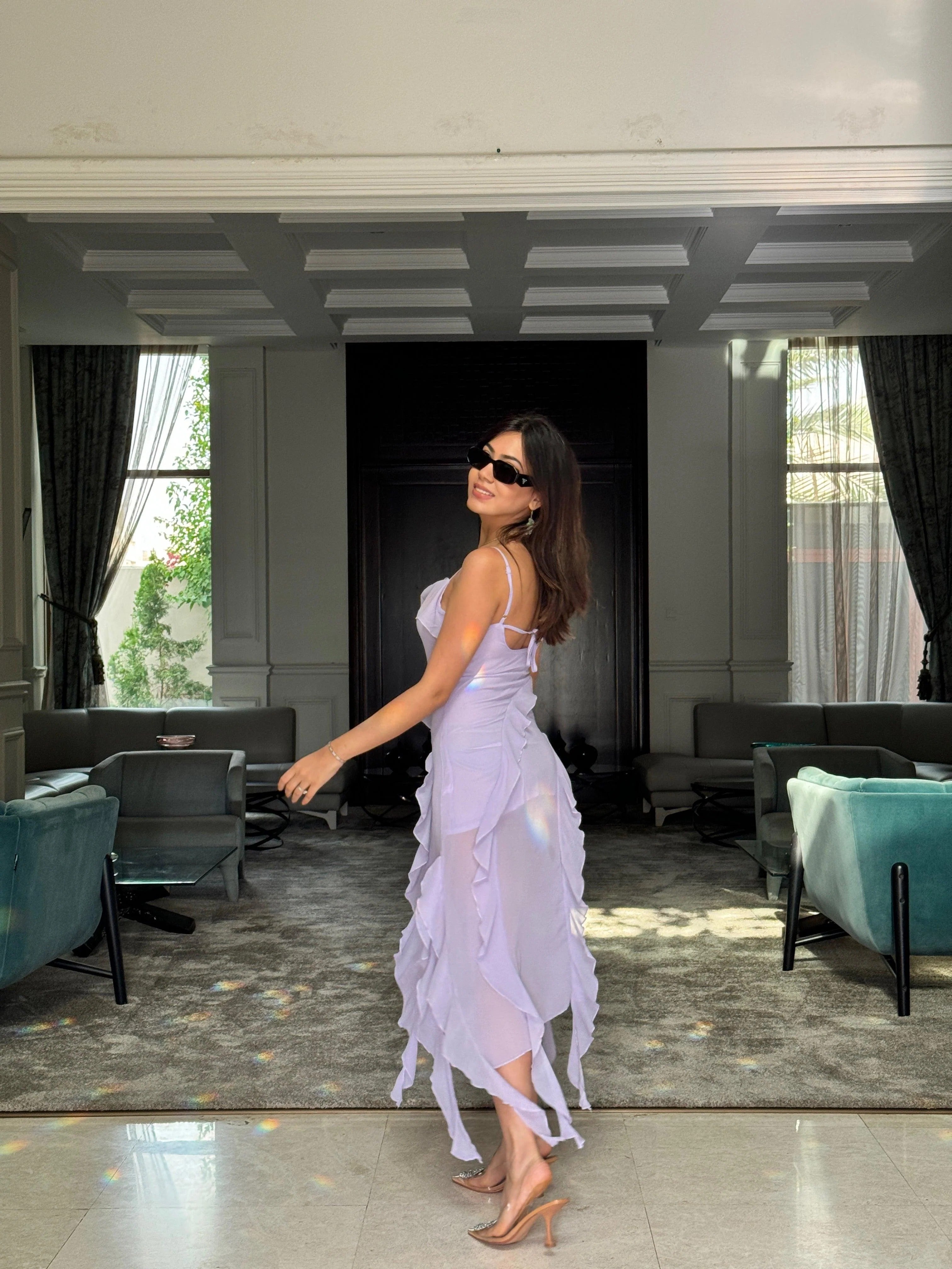 Luxury Sheath Georgette Lavender Ruffled Maxi Dress