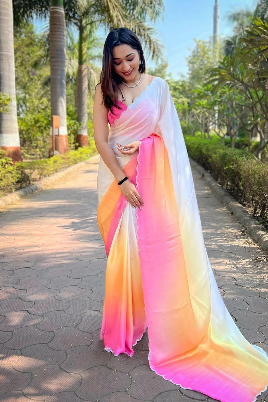 Rainbow Mist Satin Georgette Ready To Wear Saree with Blouse