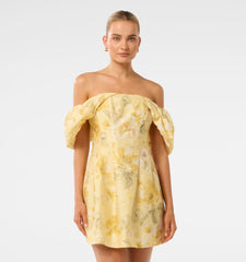 Linen Blend Gold Off Shoulder Dress