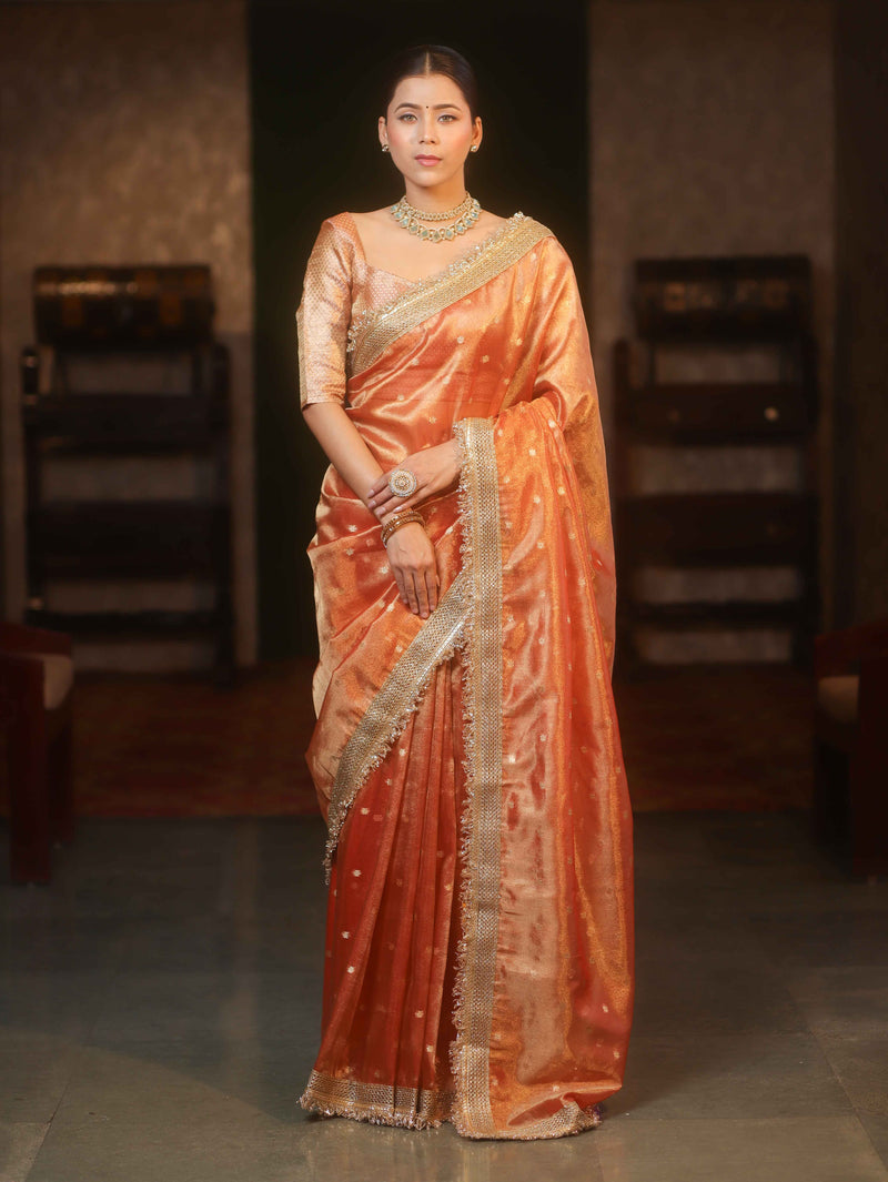 Handwoven Tissue Peach Saree with Zari Buti & Lace