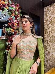 Green Pleated Crop Skirt Flower Sleeves