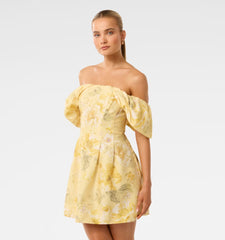 Linen Blend Gold Off Shoulder Dress