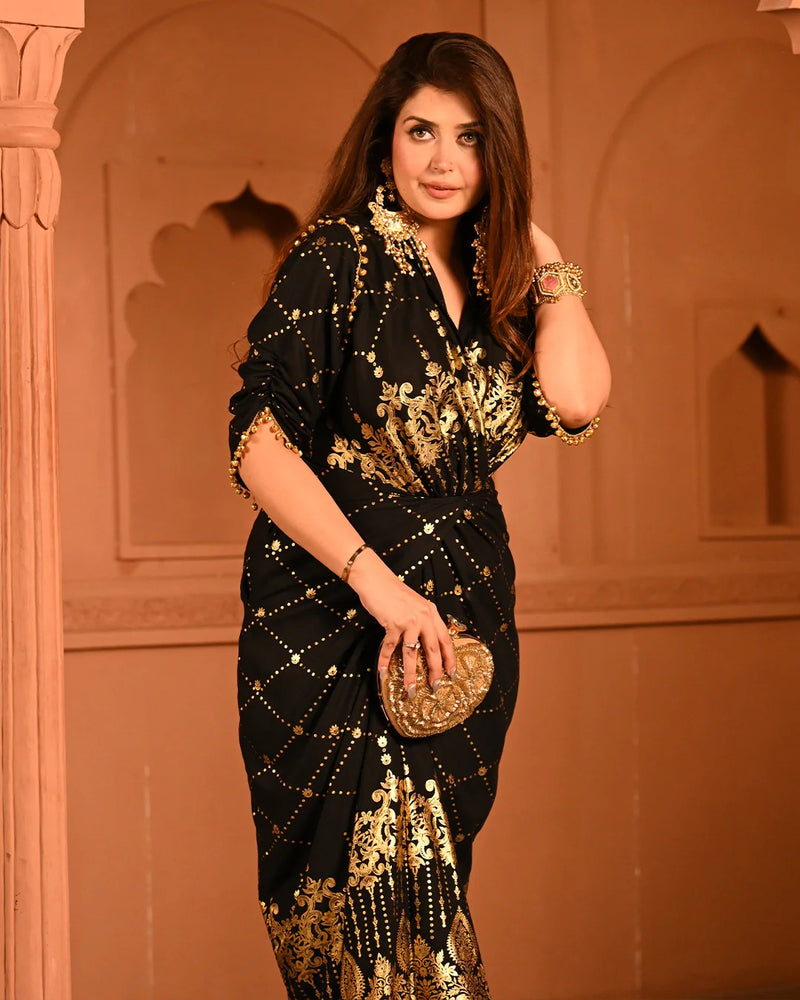 Cotton Rayon Black Ghunghroo Foil Shirtdress