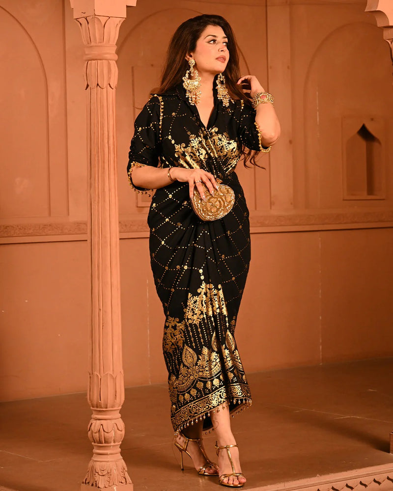 Cotton Rayon Black Ghunghroo Foil Shirtdress