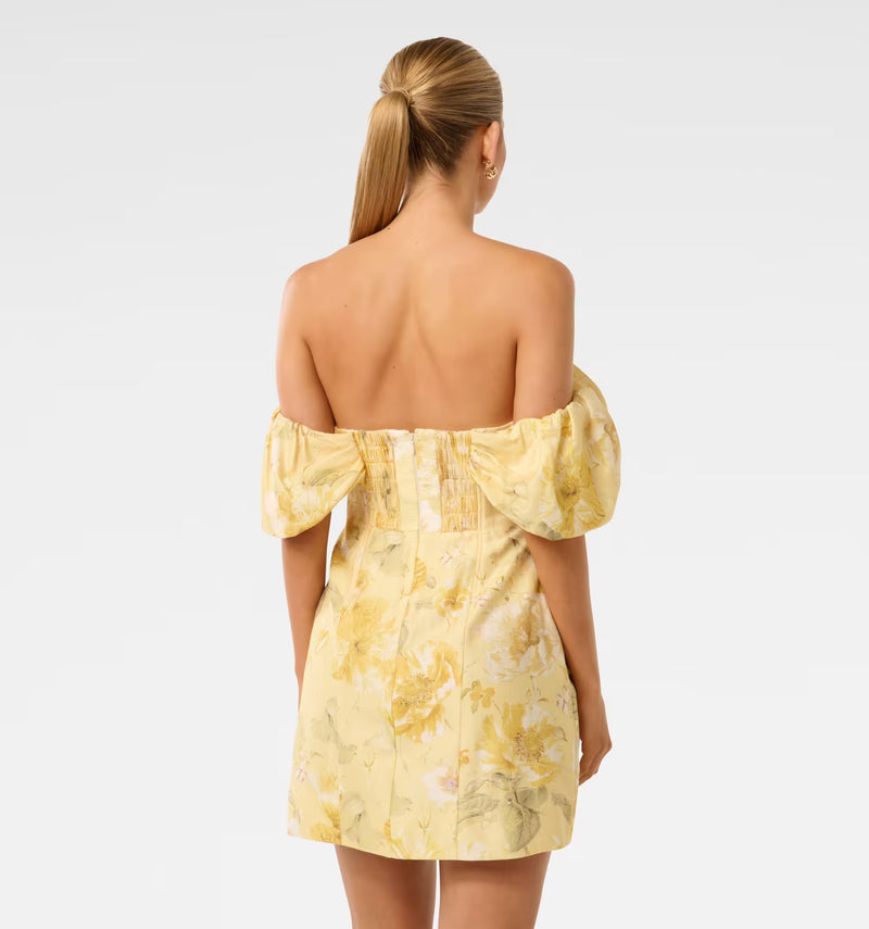 Linen Blend Gold Off Shoulder Dress