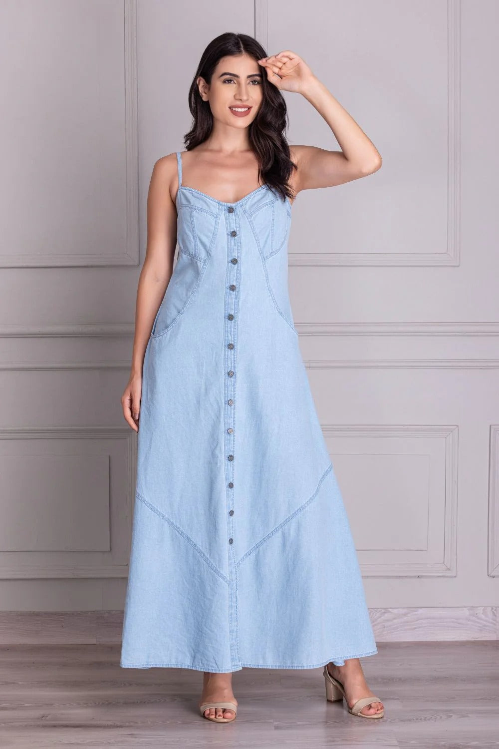 Light Blue Cotton Denim Button Dress