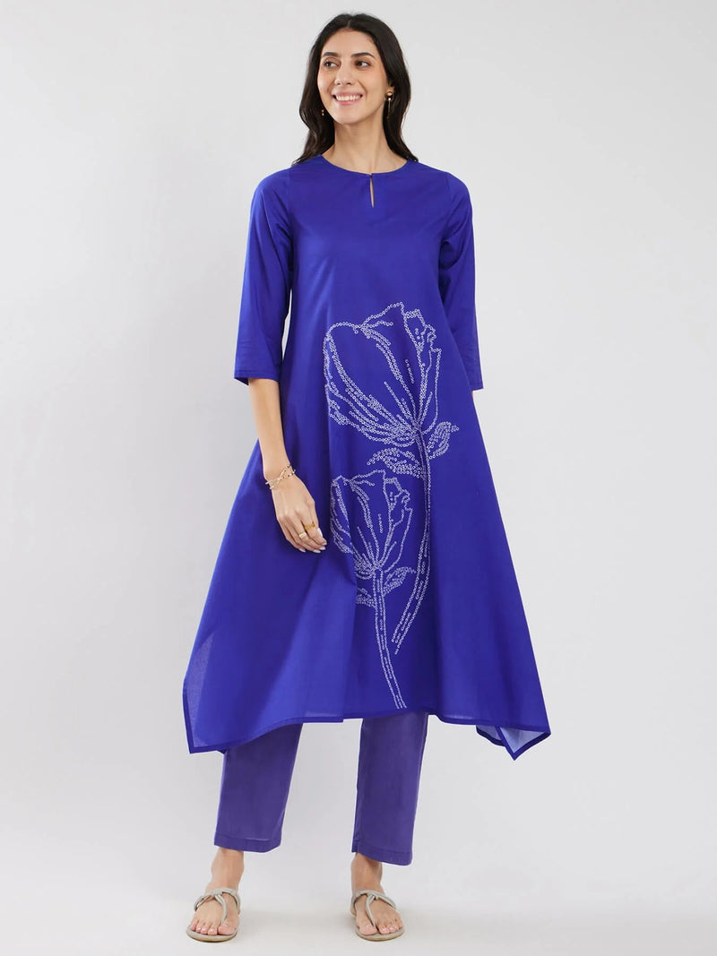 Cotton Blue Bandhani Floral Kurta Set