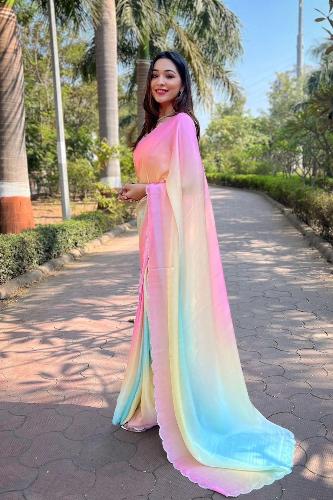 Rainbow Mist Satin Georgette Ready To Wear Saree with Blouse