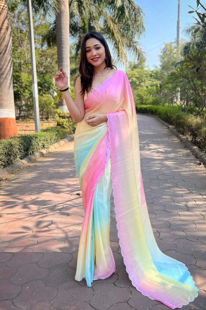 Rainbow Mist Satin Georgette Ready To Wear Saree with Blouse