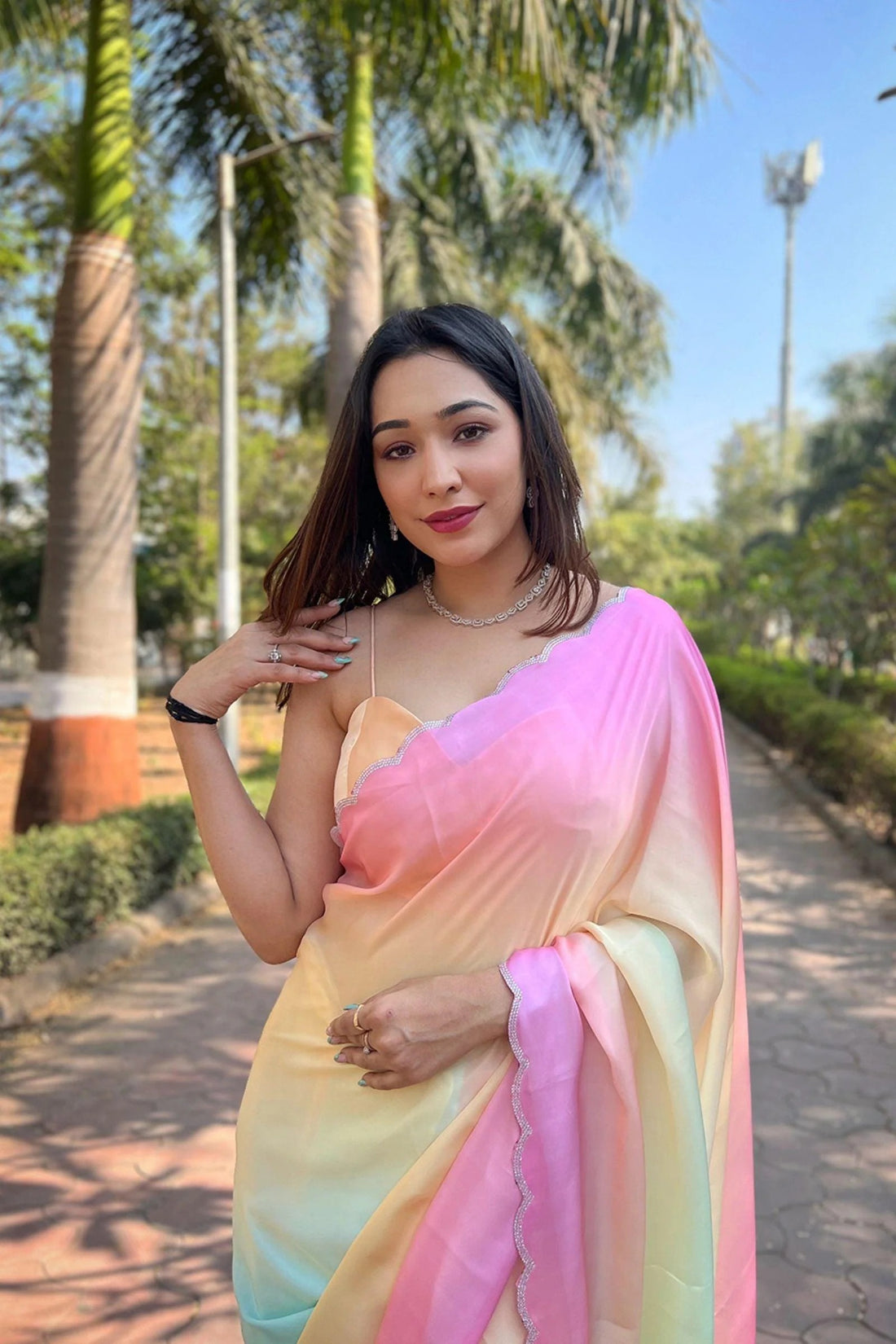 Rainbow Mist Satin Georgette Ready To Wear Saree with Blouse