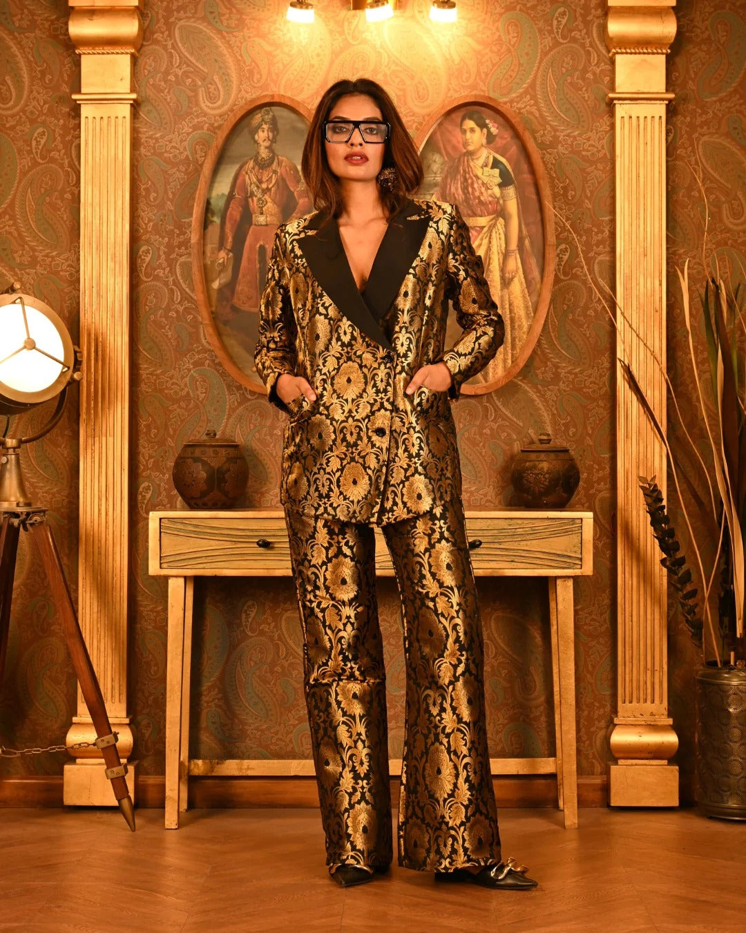 Brocade Notch Lapel Blazer Pant Set