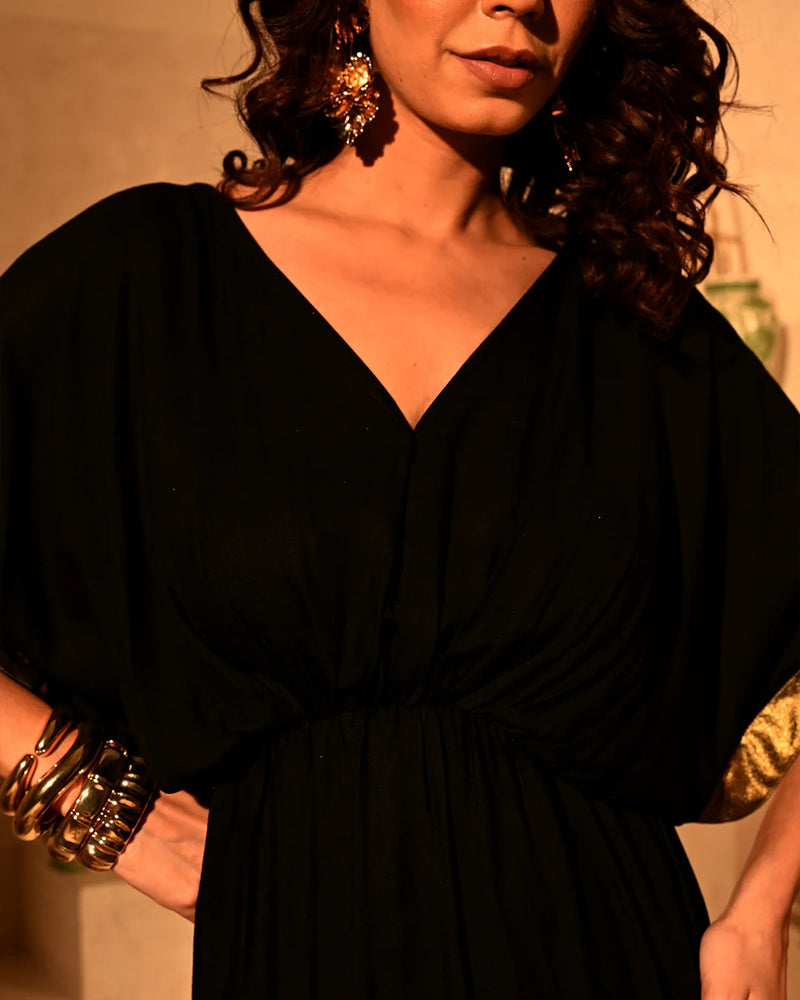 Noir Luxe Gold Foil Fringe Drape Dress