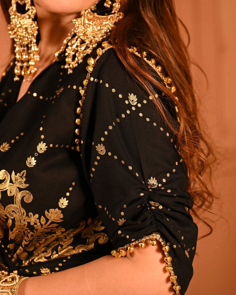 Cotton Rayon Black Ghunghroo Foil Shirtdress