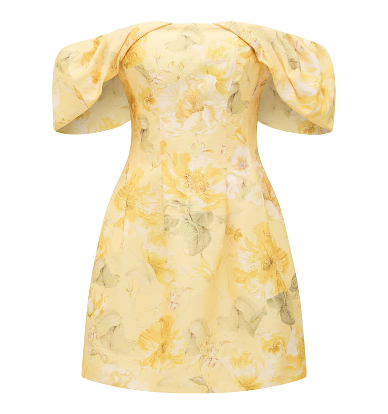 Linen Blend Gold Off Shoulder Dress