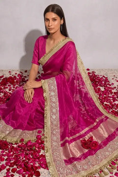 Rose Royale Mirror Work Tissue Saree with Blouse