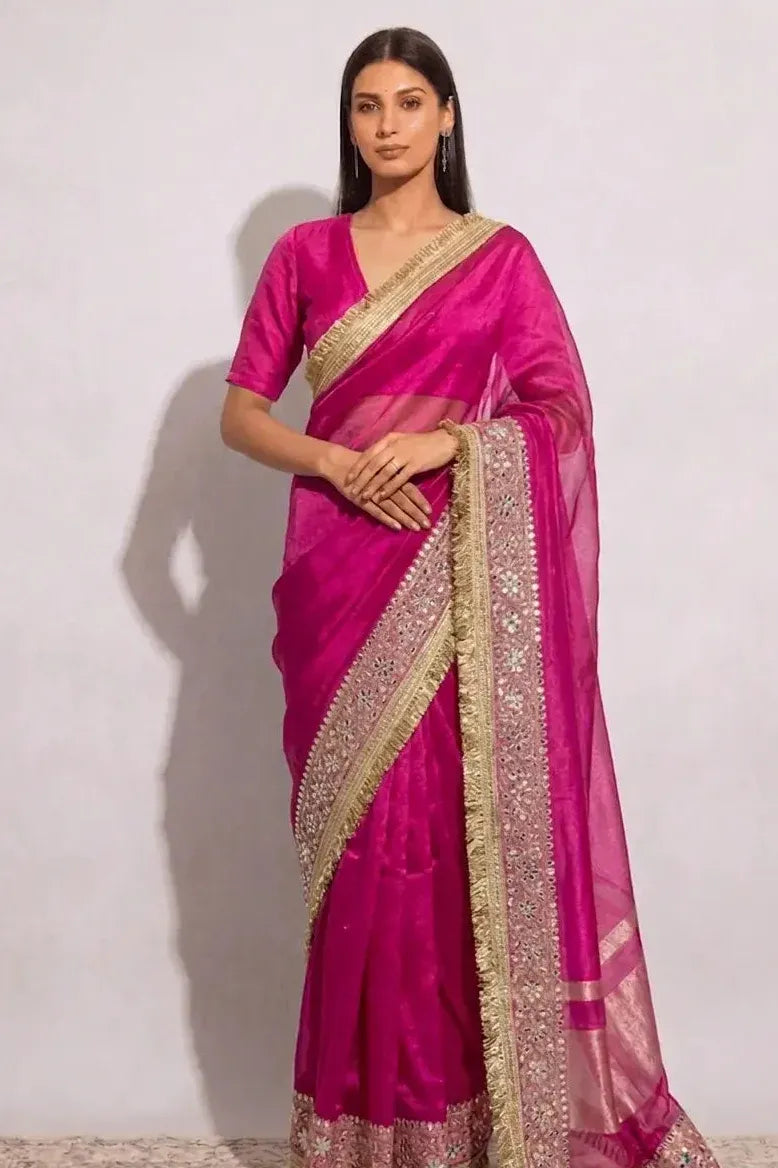 Rose Royale Mirror Work Tissue Saree with Blouse