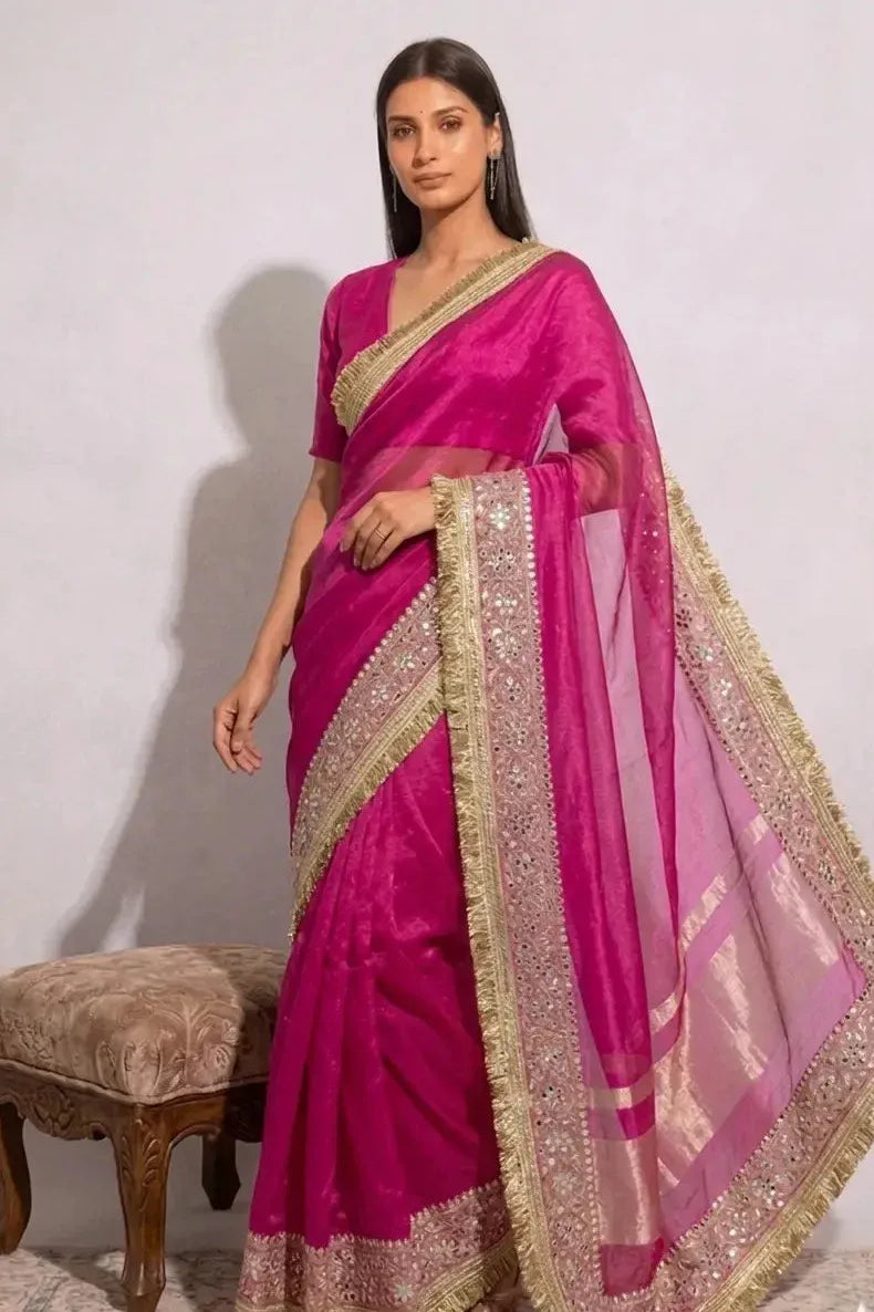 Rose Royale Mirror Work Tissue Saree with Blouse