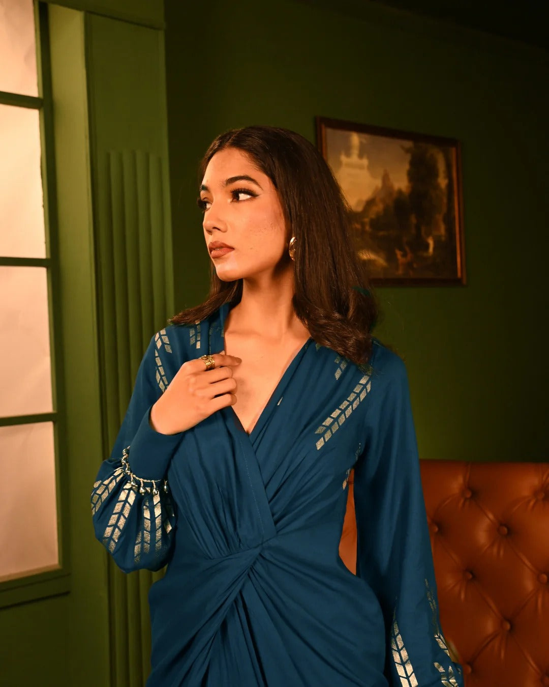 Soft Rayon Blue Oak Foil Shirtdress