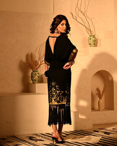 Noir Luxe Gold Foil Fringe Drape Dress