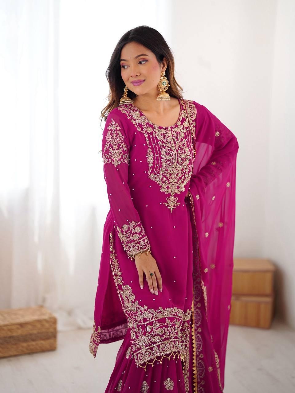 Georgette Red Sharara Suit with Zari Jhalak Work