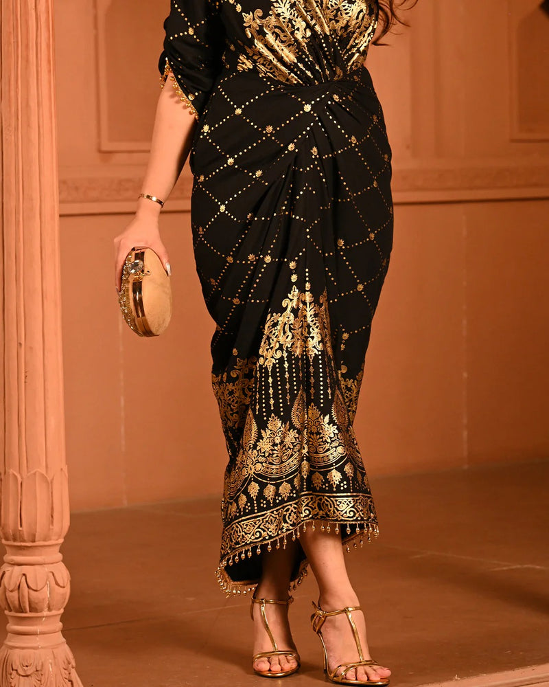 Cotton Rayon Black Ghunghroo Foil Shirtdress