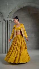 Yellow Chinon Sequins Work Lehenga Set