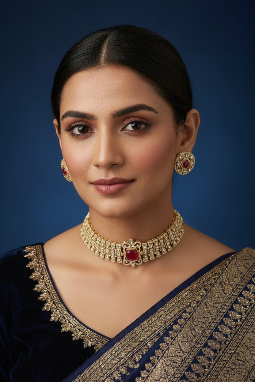 Royal Moissanite Ruby Choker Necklace Set with Statement Earrings