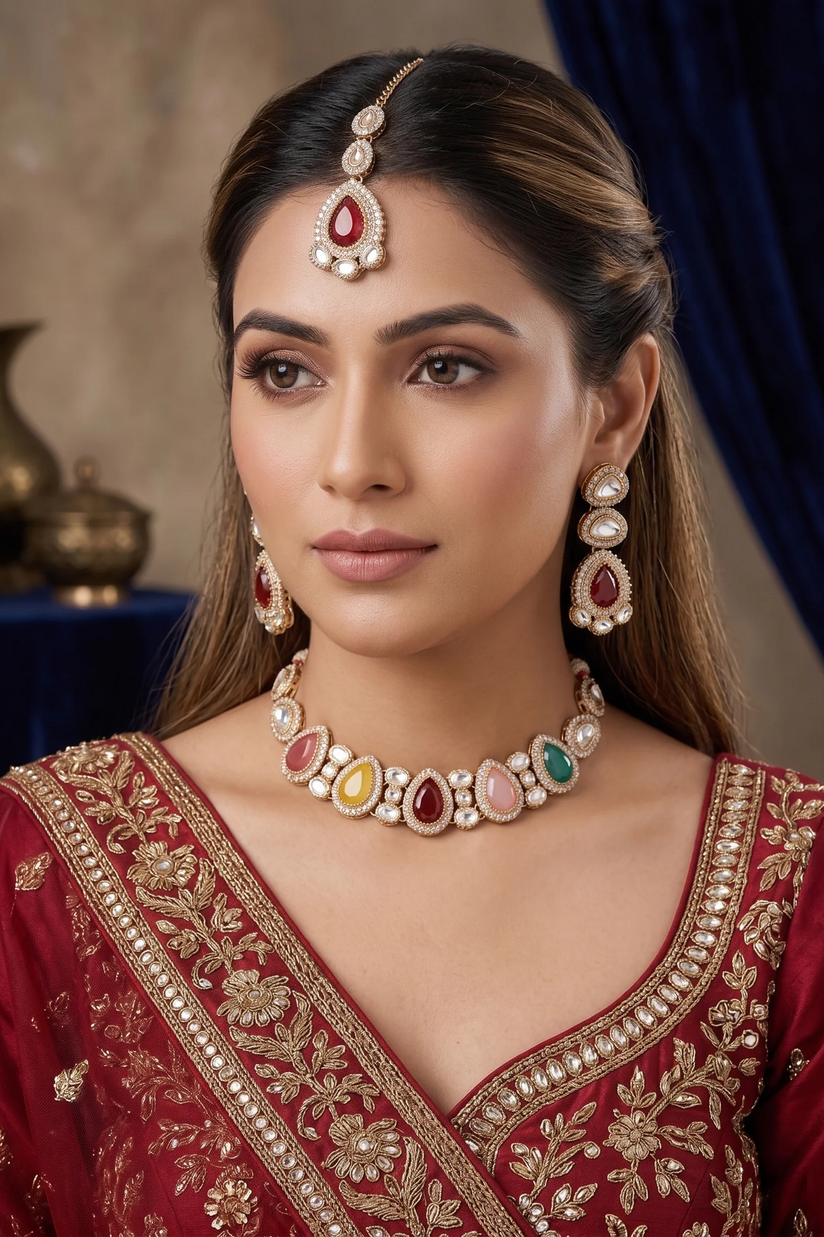 Royal Navratna Kundan Choker Set with Earrings & Maang Tikka