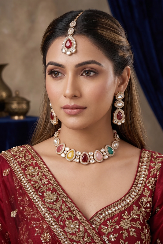 Royal Navratna Kundan Choker Set with Earrings & Maang Tikka