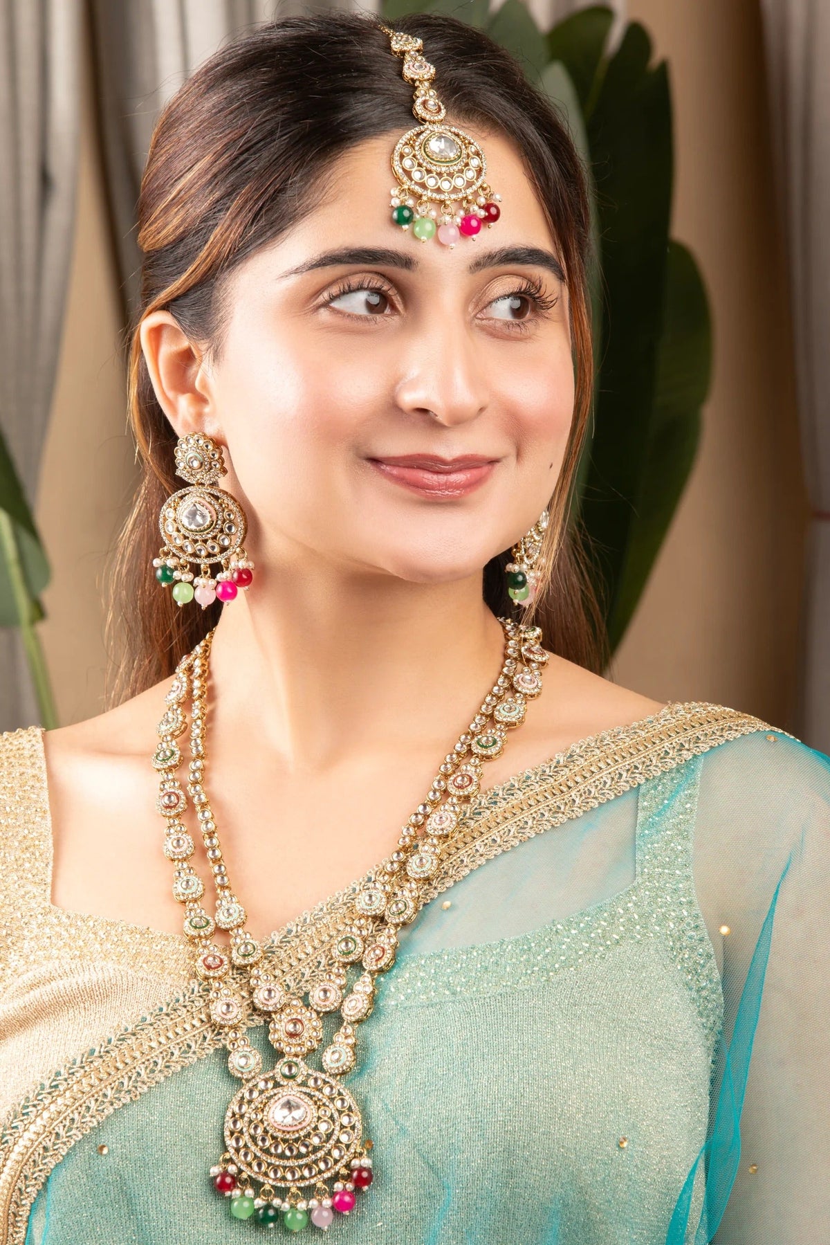 Aarohi Meenakari Long Necklace Set with Earrings & Maang Tikka