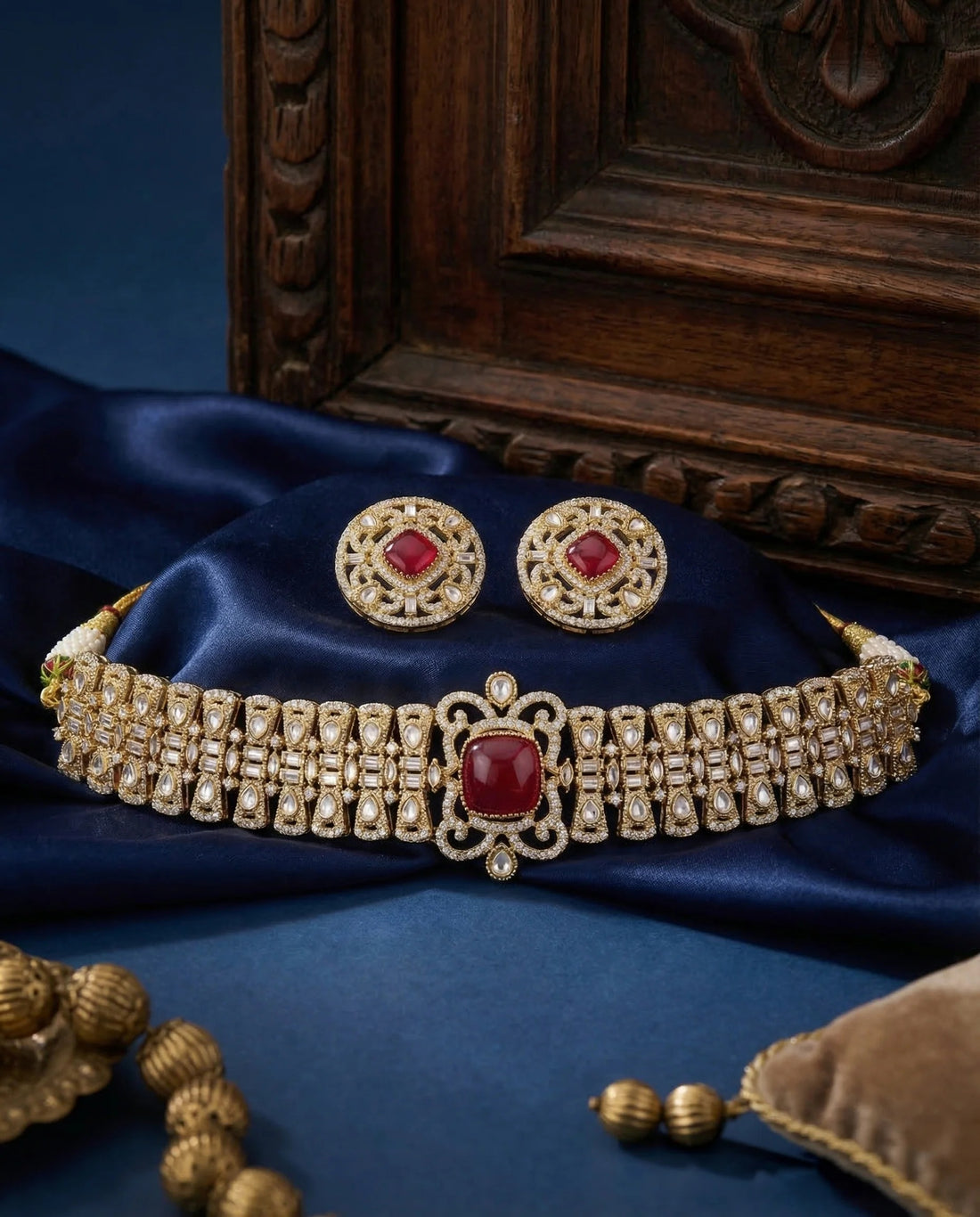Royal Moissanite Ruby Choker Necklace Set with Statement Earrings