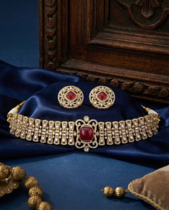 Royal Moissanite Ruby Choker Necklace Set with Statement Earrings