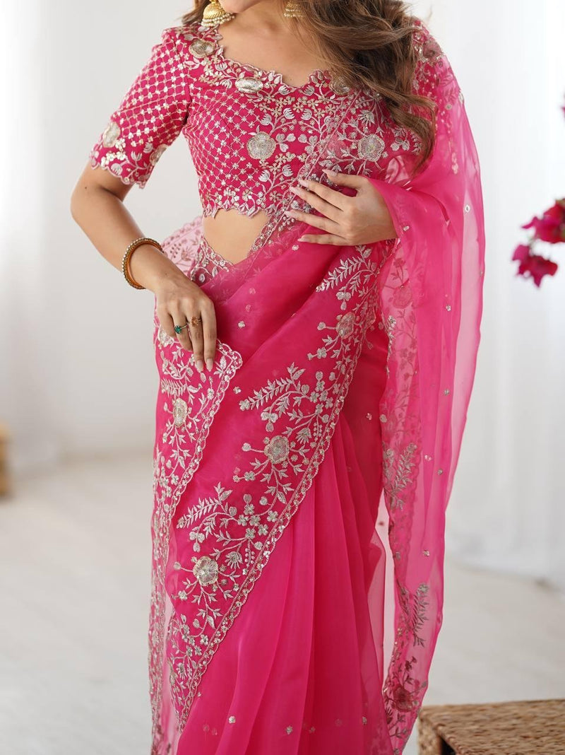 Hot Pink Embroidered Organza Ready to Wear pleated Saree with Stitched Designer Blouse