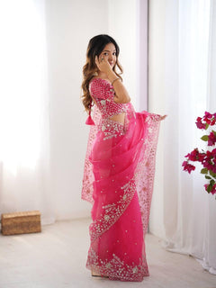 Hot Pink Embroidered Organza Ready to Wear pleated Saree with Stitched Designer Blouse